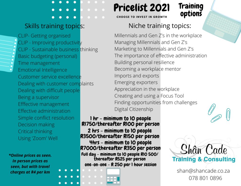 Pricelist 2021 - Training- Shân Cade Training and Consulting